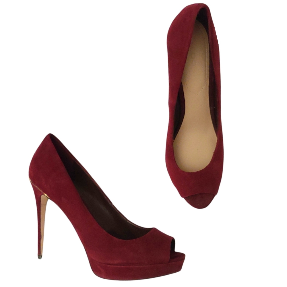 ALDO |Faux Suede Burgundy Peep Toe Platform Stiletto Heels with Gold trim Size 8